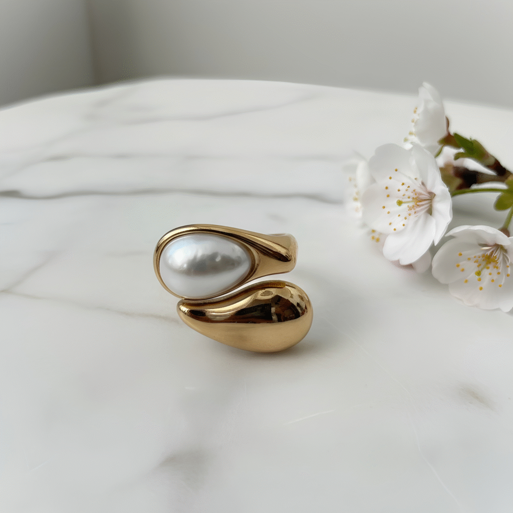 Pearl geometric water proof gold plated open ring by jwelream