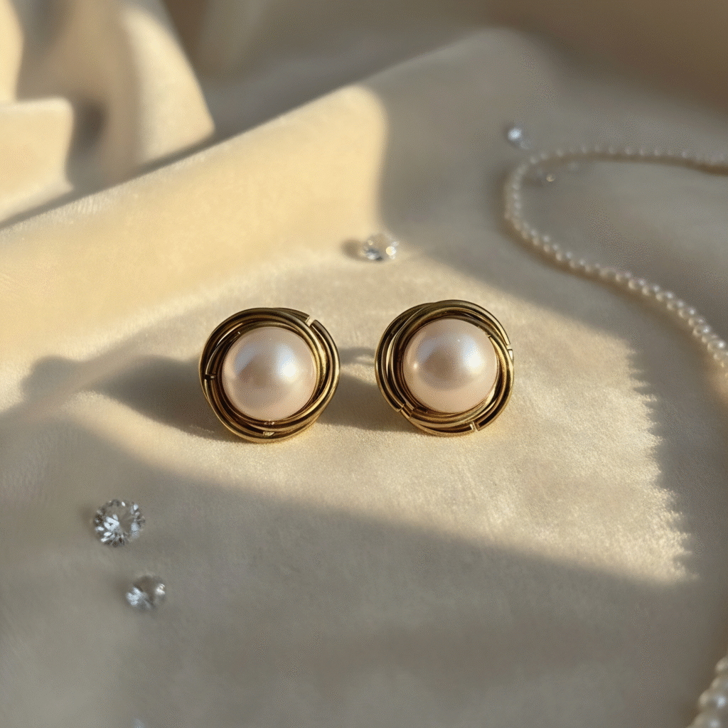 18K Gold Polished Round Heart Ear Studs