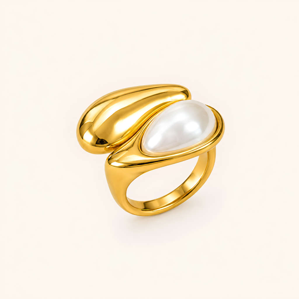 Pearl geometric water proof gold plated open ring by jwelream