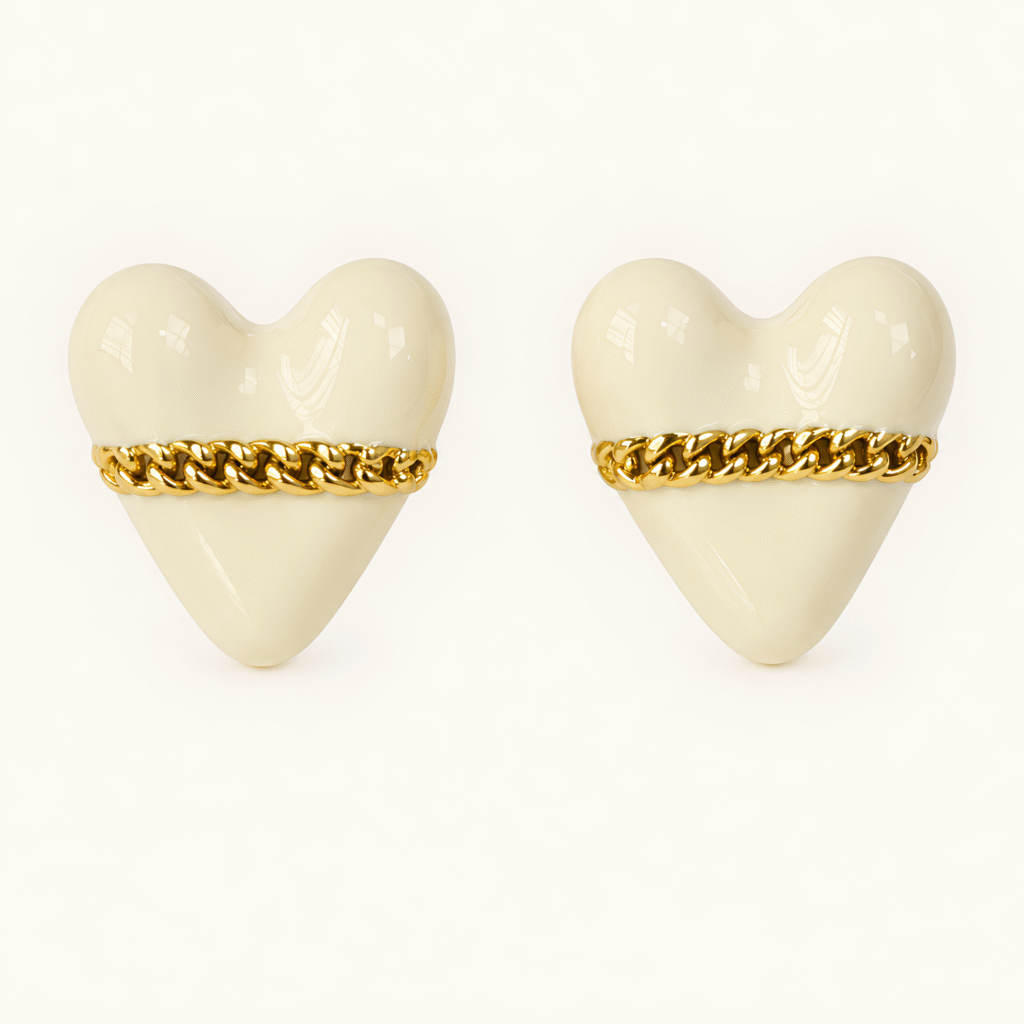 Cream Enamel Heart Stud Earrings