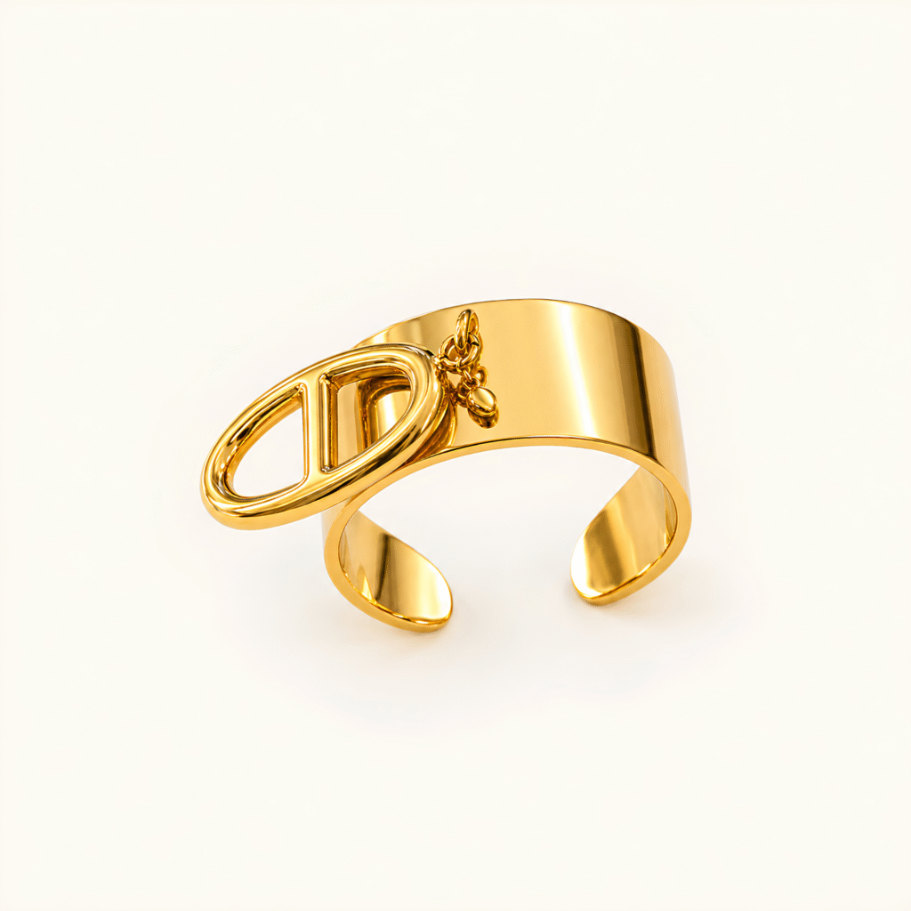 Gold Cuff Ring with Bell Charm