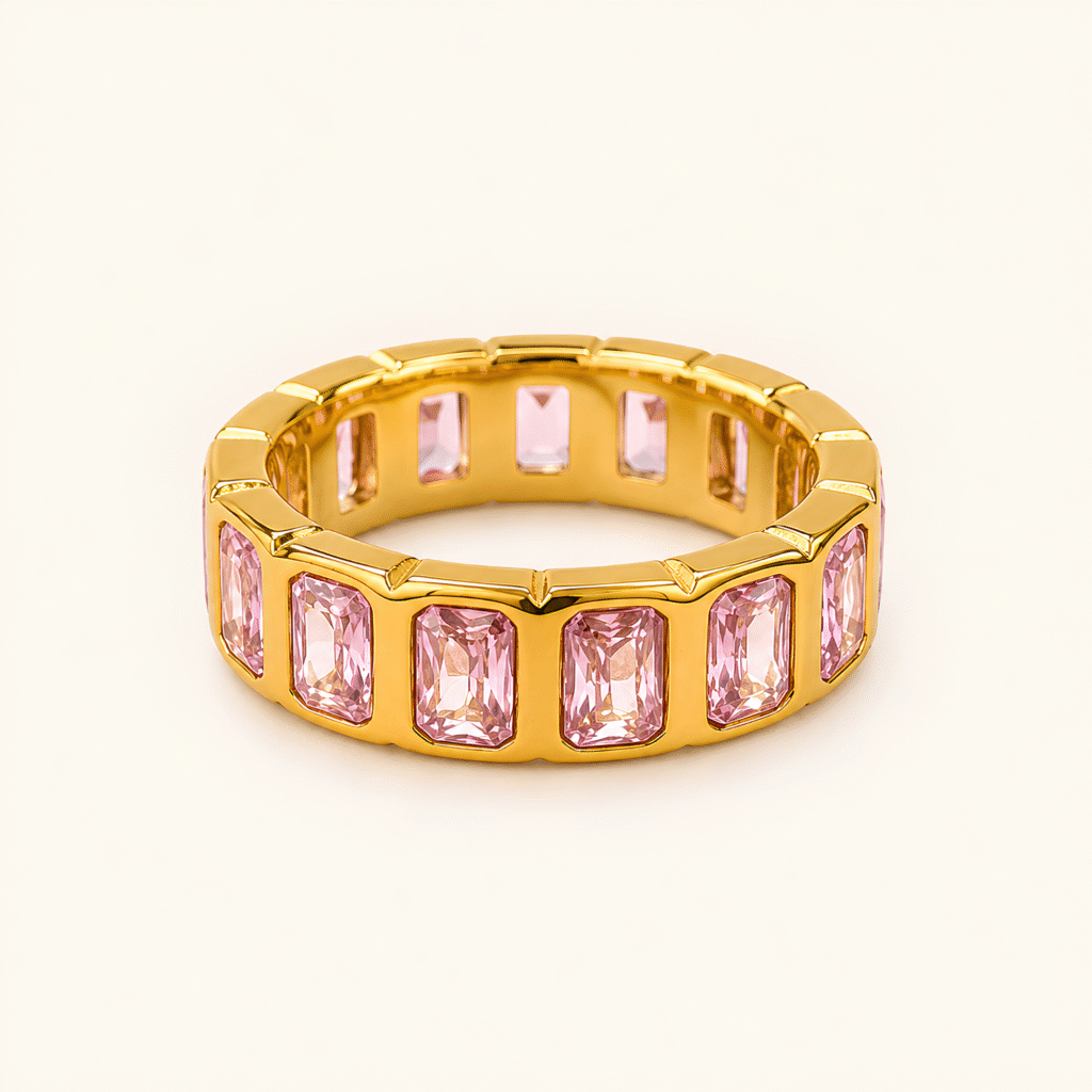 Pink Emerald-Cut Crystal Eternity Gold