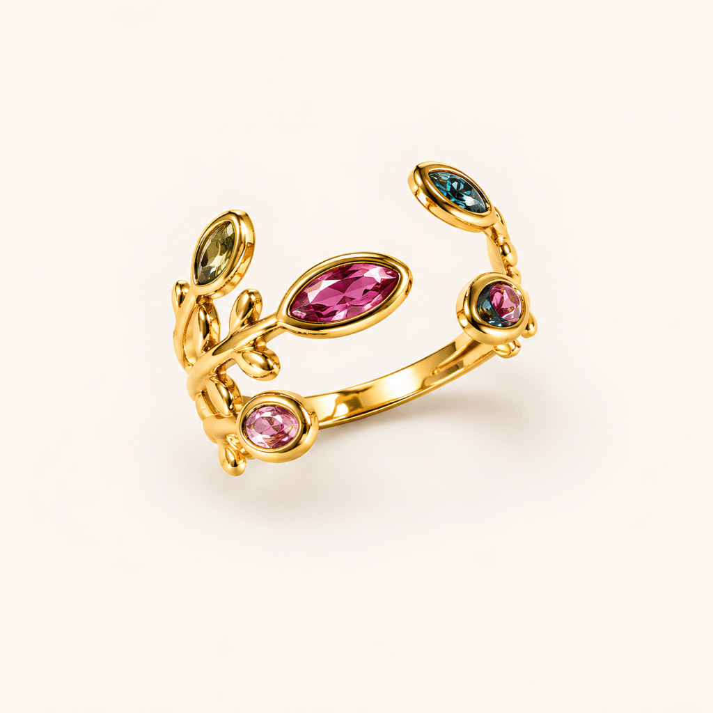 Multicolor Gemstone Leaf Adjustable Gold Ring
