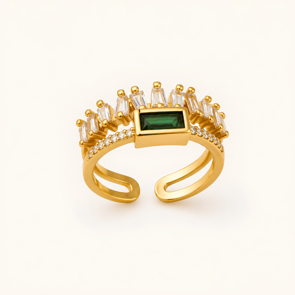 Emerald Green Baguette Crown Adjustable Ring