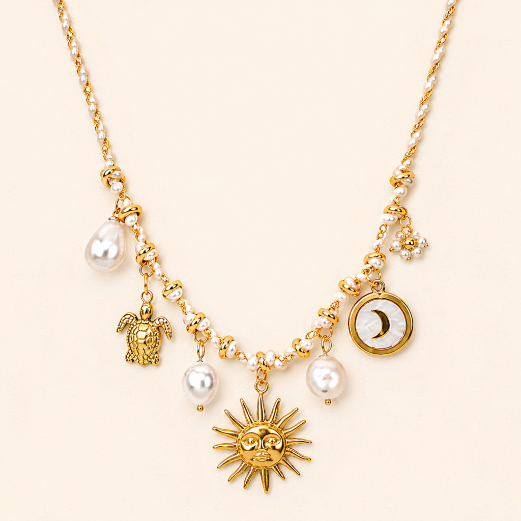 Sun & Moon Pearl Charm Necklace